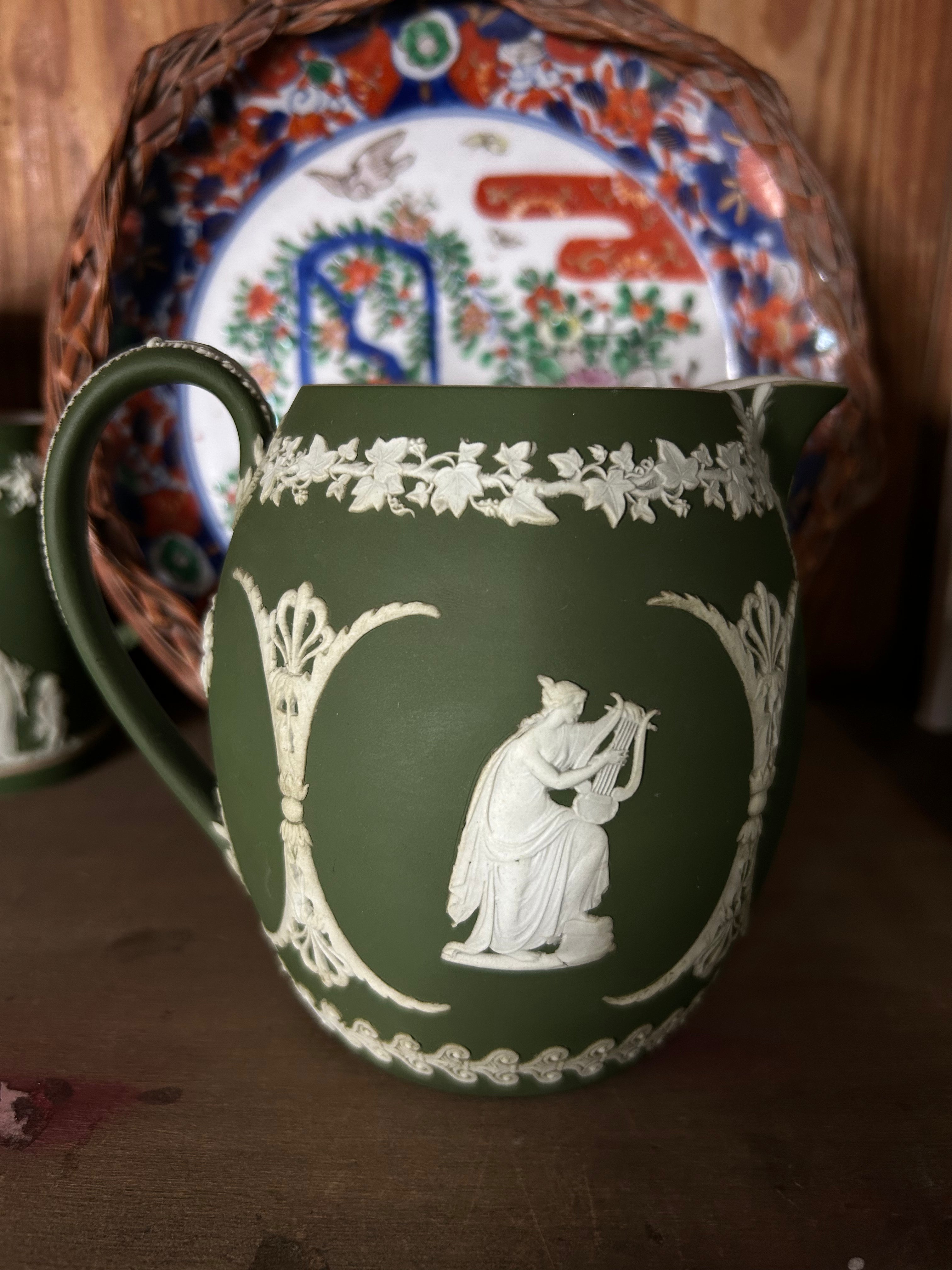 Late 19th Century Wedgwood Jasperware Green Barrel Shaped Pitcher 5” 165.