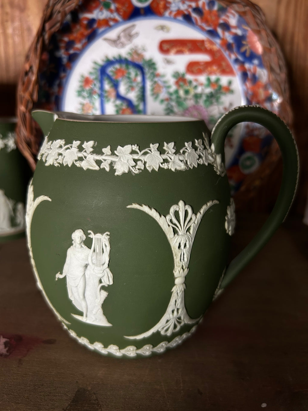 Late 19th Century Wedgwood Jasperware Green Barrel Shaped Pitcher 5” 165.