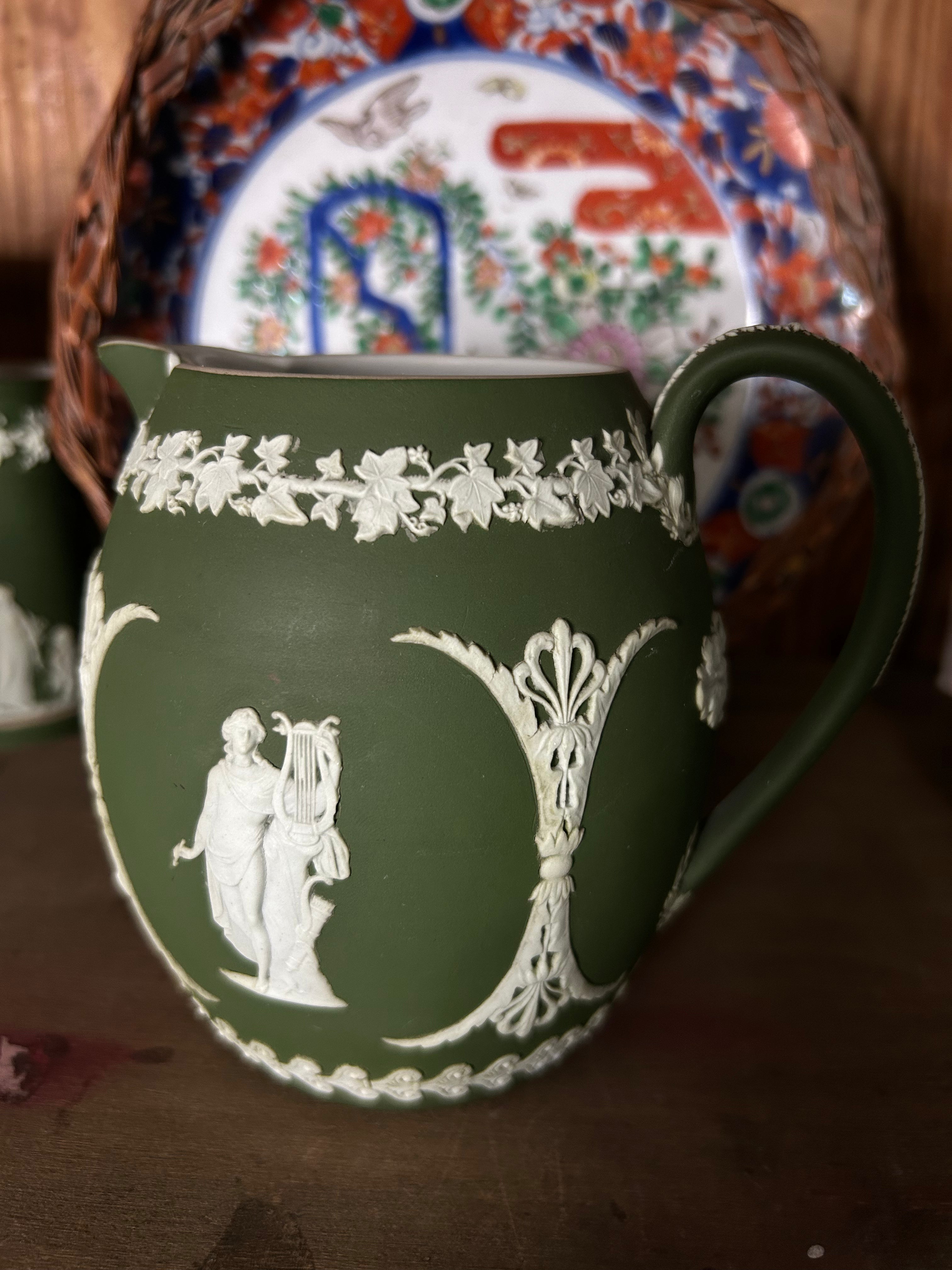 Late 19th Century Wedgwood Jasperware Green Barrel Shaped Pitcher 5” 165.